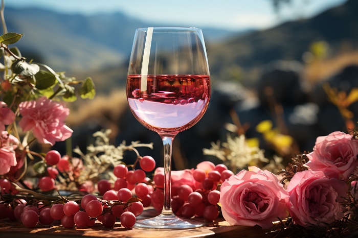 Bicchiere da vino su tavolo con bouquet naturale di rose rosa. Eleganza estiva