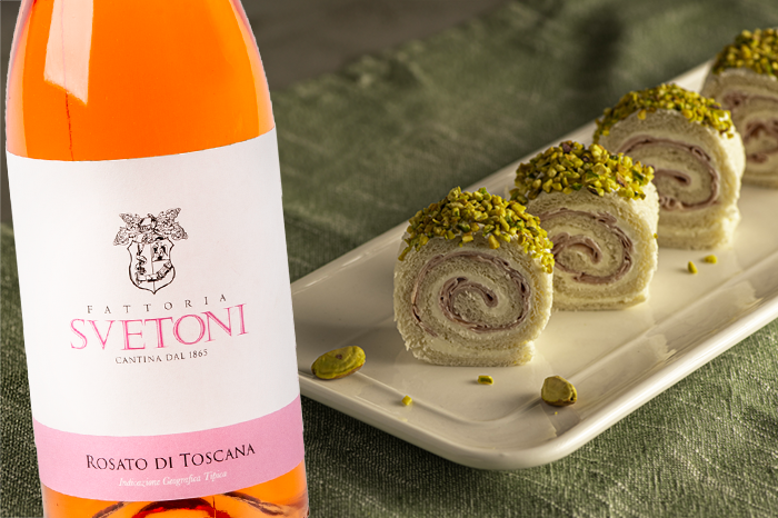 Bocconcini di mortadella e pistacchio con Rosato di Toscana 2023 Fattoria Svetoni